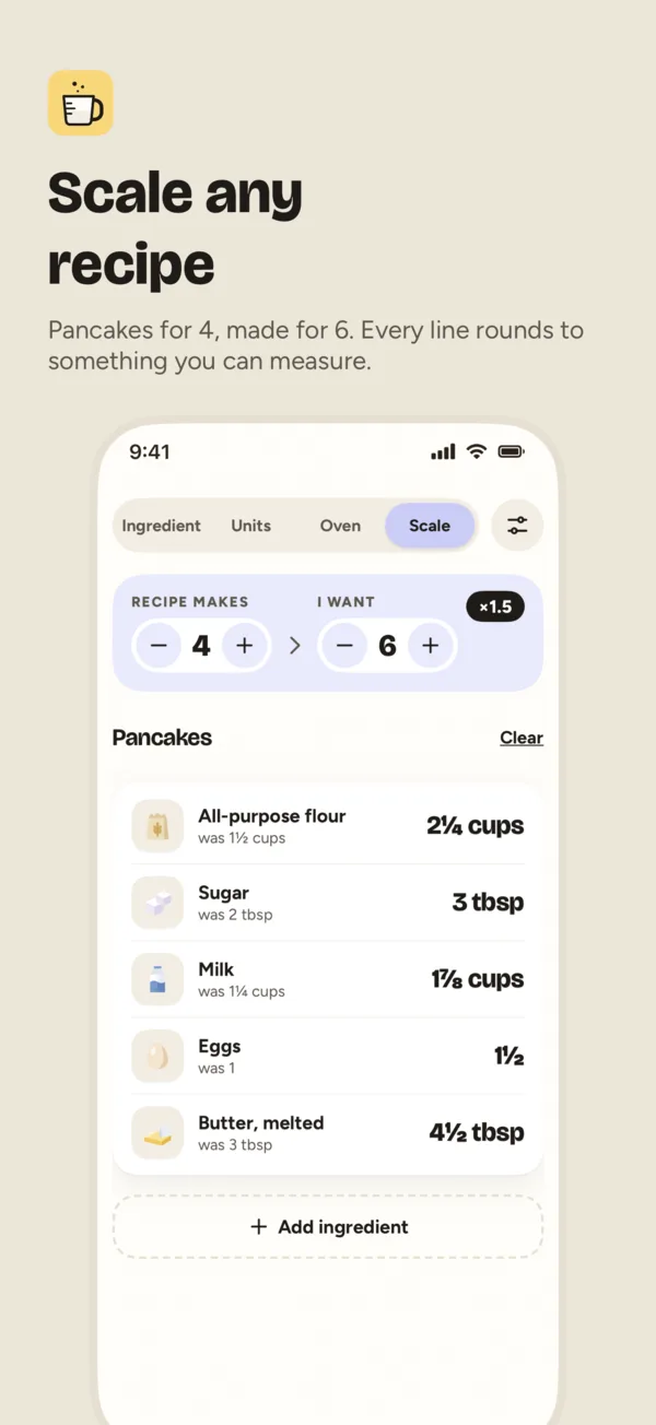 The Scale tab: pancakes for 4, made for 6